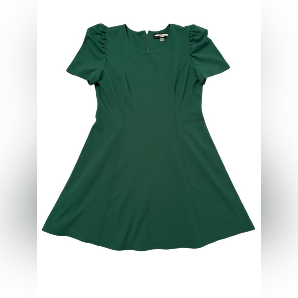 Karl Lagerfeld Paris Emerald Green Puff Sleeve Fit & Flare Dress - Size 12 - Picture 2 of 7